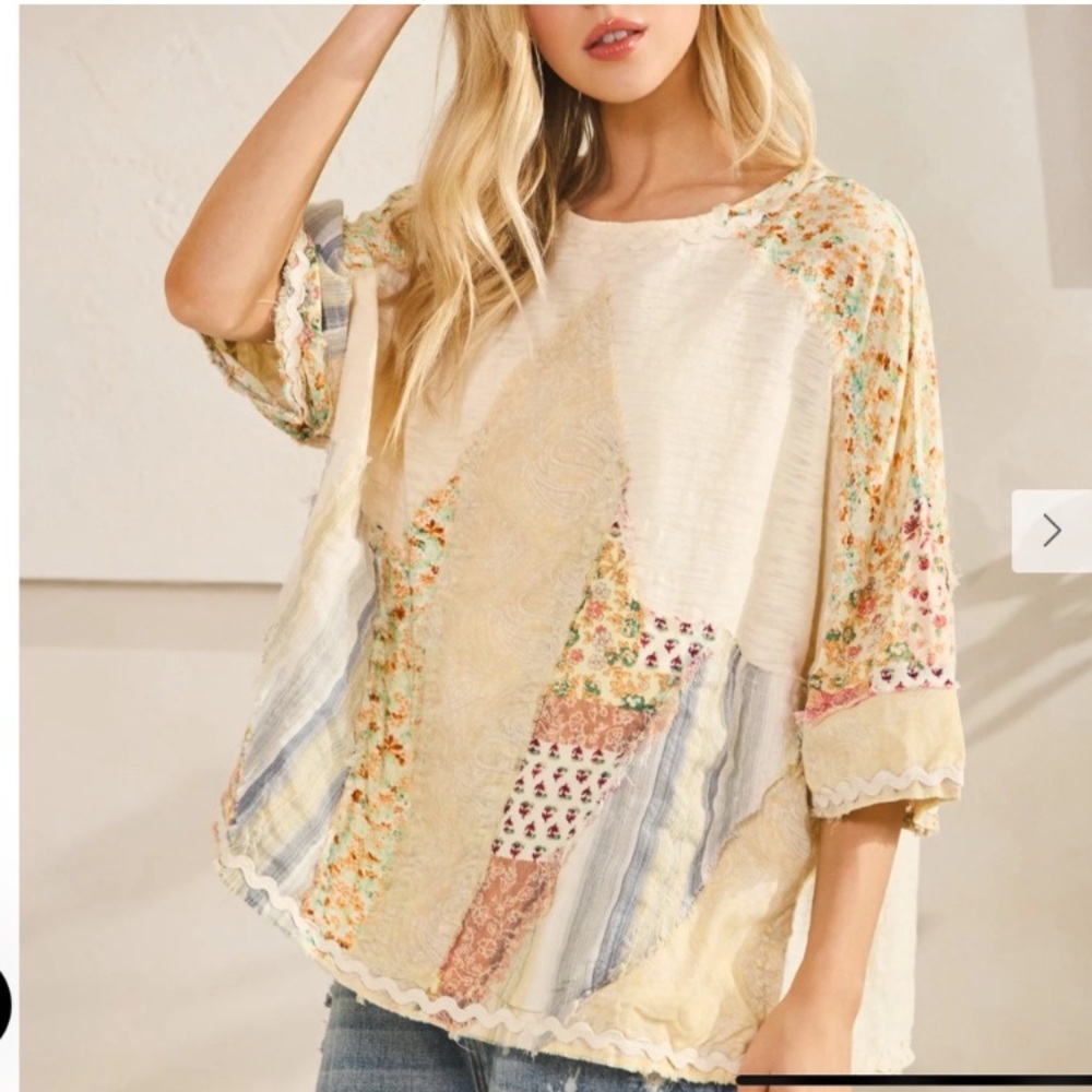 Oli & Hali Lancaster patchwork quilt mixed print boxy fit boho raffia top pastel